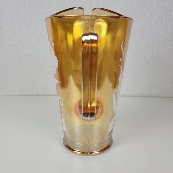 Vintage Jeanette Marigold Pitcher 9" Amber Peach Carnival Glass‎ Feather - Picture 11 of 13